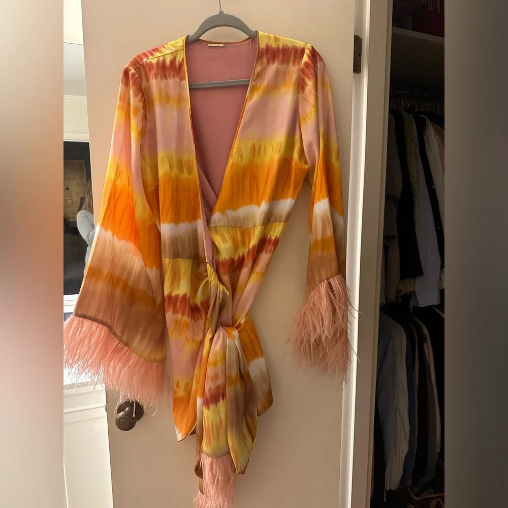 Alexis Viona Feather-Trim Mini Wrap Dress LARGE - Picture 3 of 7